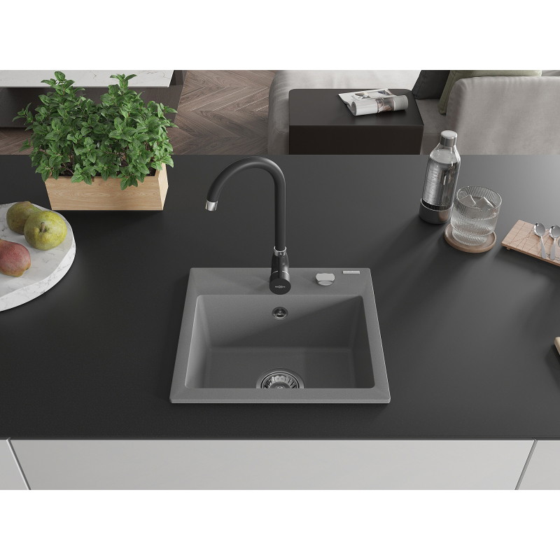 Mexen Milo single-bowl granite sink with Telma kitchen faucet, gray - 6505-71-670200-70