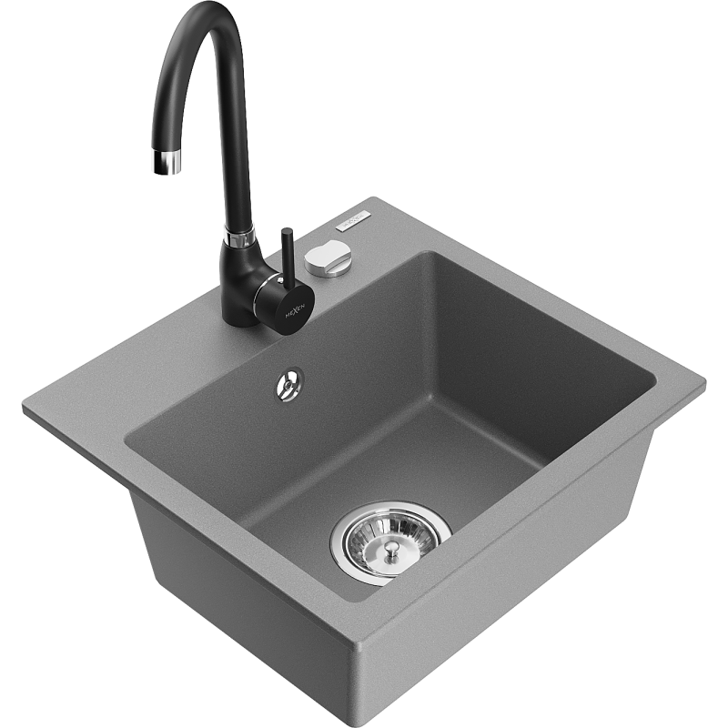 Mexen Milo 1-bowl granite sink with Telma kitchen tap, grey - 6505-71-670200-70