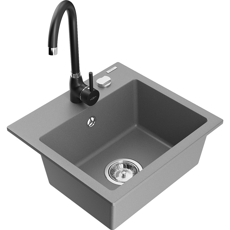 Mexen Milo single-bowl granite sink with Telma kitchen faucet, gray - 6505-71-670200-70