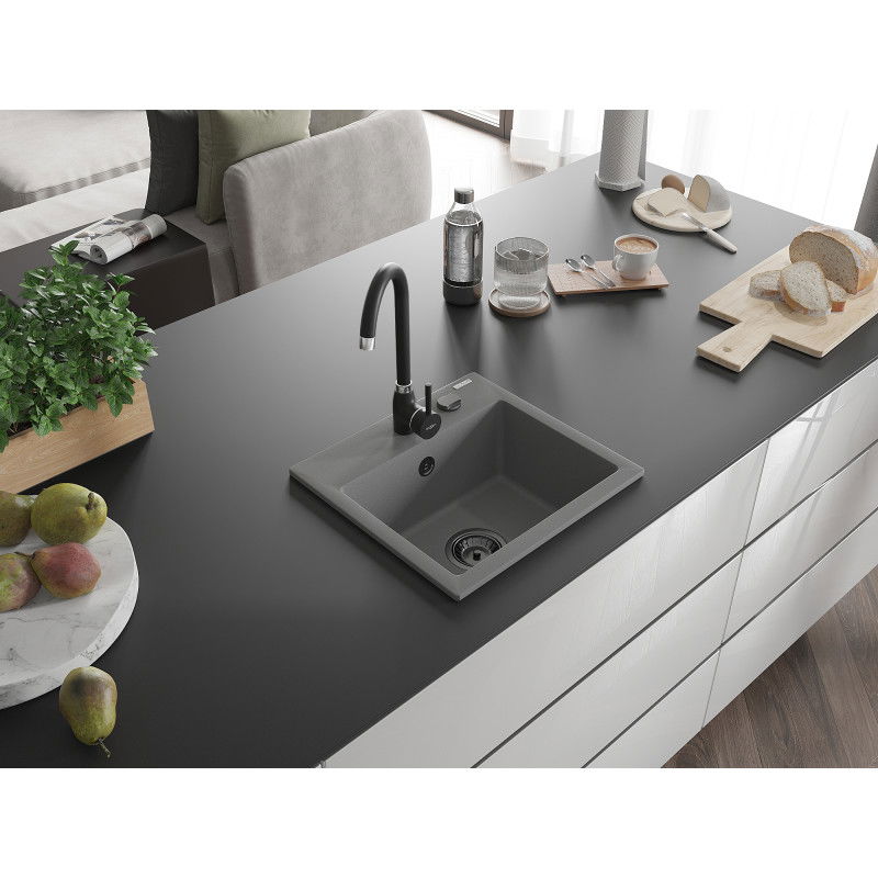 Mexen Milo 1-bowl granite sink with Telma kitchen tap, grey - 6505-71-670200-70-B