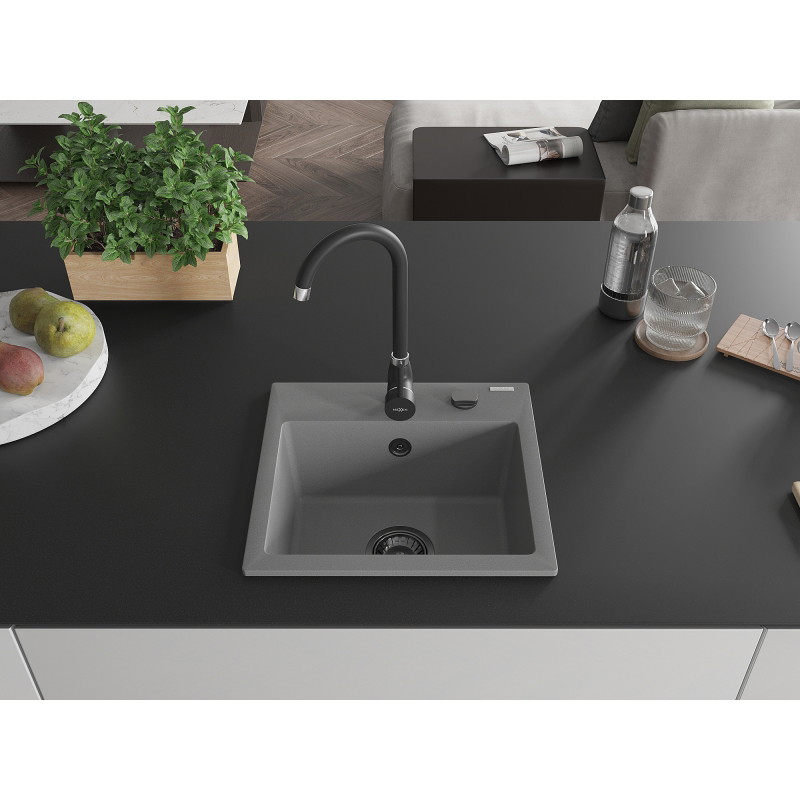 Mexen Milo granite kitchen sink 1-bowl with Telma kitchen faucet, gray - 6505-71-670200-70-B