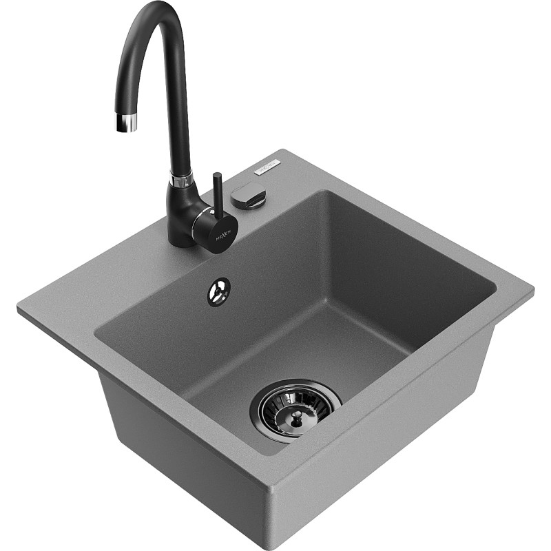 Mexen Milo 1-bowl granite sink with Telma kitchen faucet, gray - 6505-71-670200-70-B