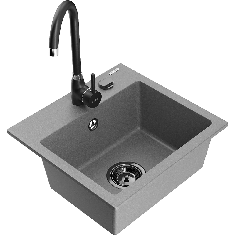 Mexen Milo 1-bowl granite sink with Telma kitchen tap, grey - 6505-71-670200-70-B