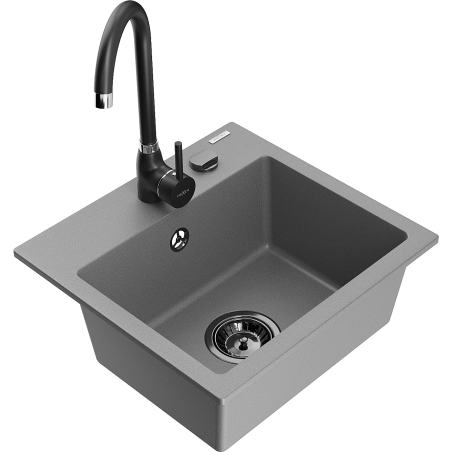 Mexen Milo granite kitchen sink 1-bowl with Telma kitchen faucet, gray - 6505-71-670200-70-B