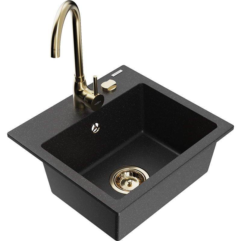 Mexen Milo granite single-bowl kitchen sink with Telma faucet, black/silver - 6505-73-670200-50