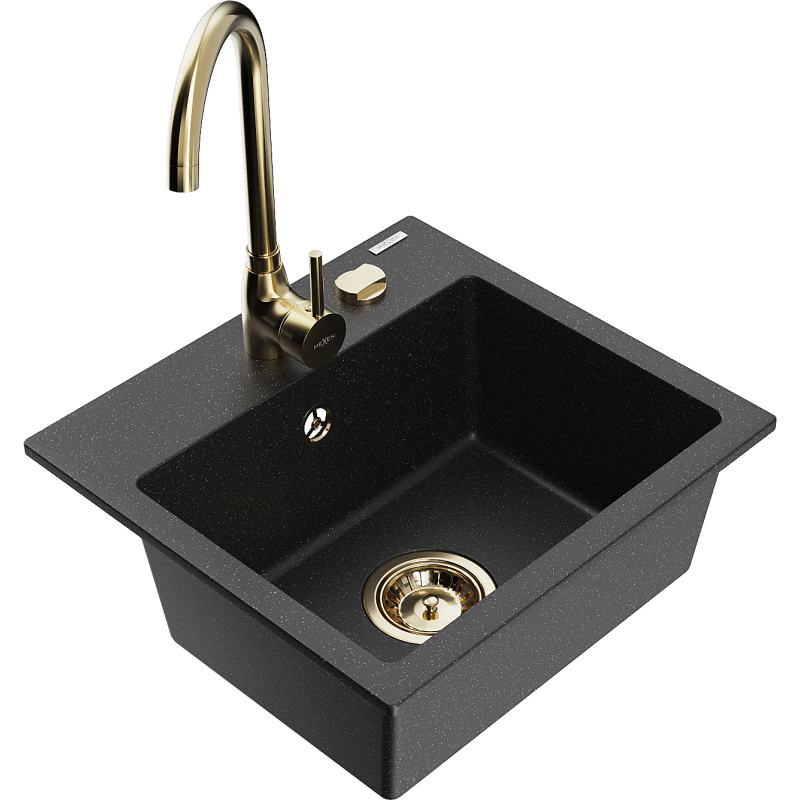 Mexen Milo granite sink 1-bowl with Telma kitchen tap, black/silver - 6505-73-670200-50