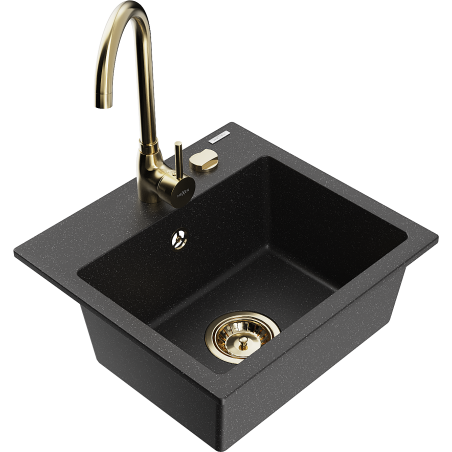 Mexen Milo granite sink 1-bowl with Telma kitchen tap, black/silver - 6505-73-670200-50