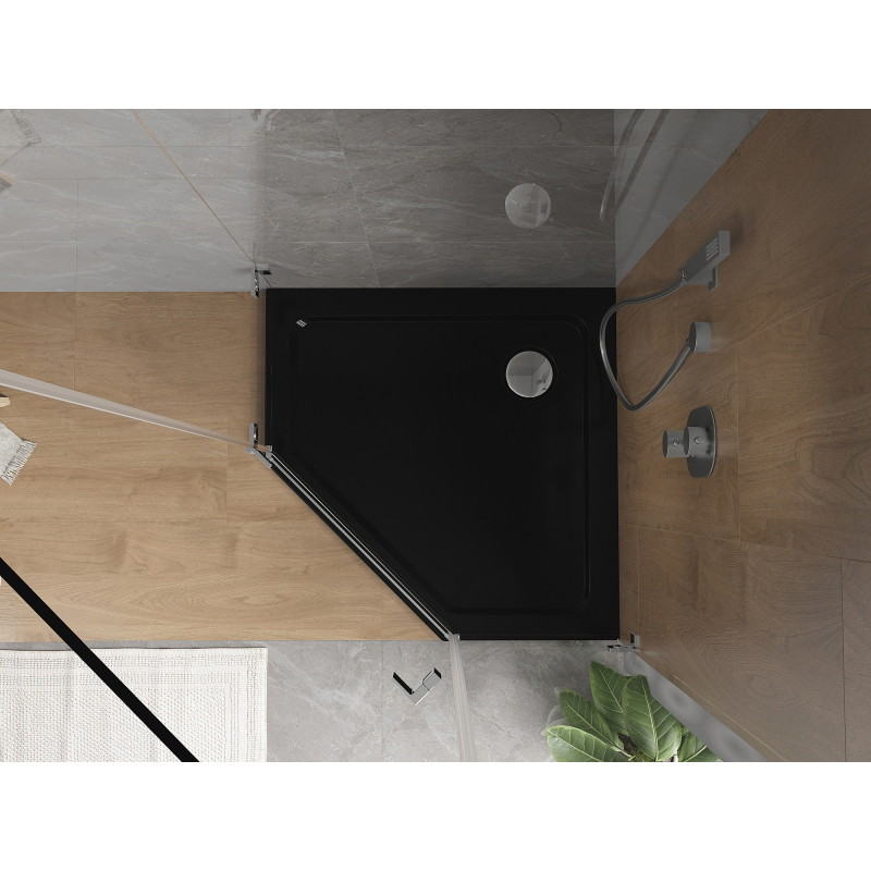 Mexen Flat pentagonal slim shower tray 100 x 100 cm, black, chrome siphon - 41P701010
