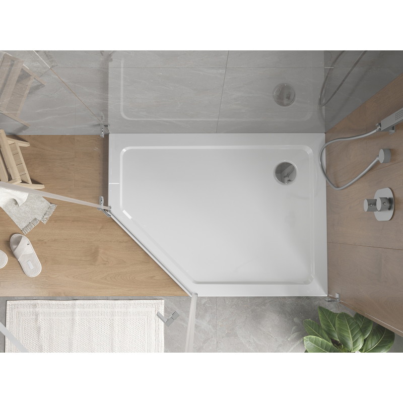 Mexen Flat pentagonal slim right shower tray 90 x 80 cm, white, chrome siphon - 41P108090R