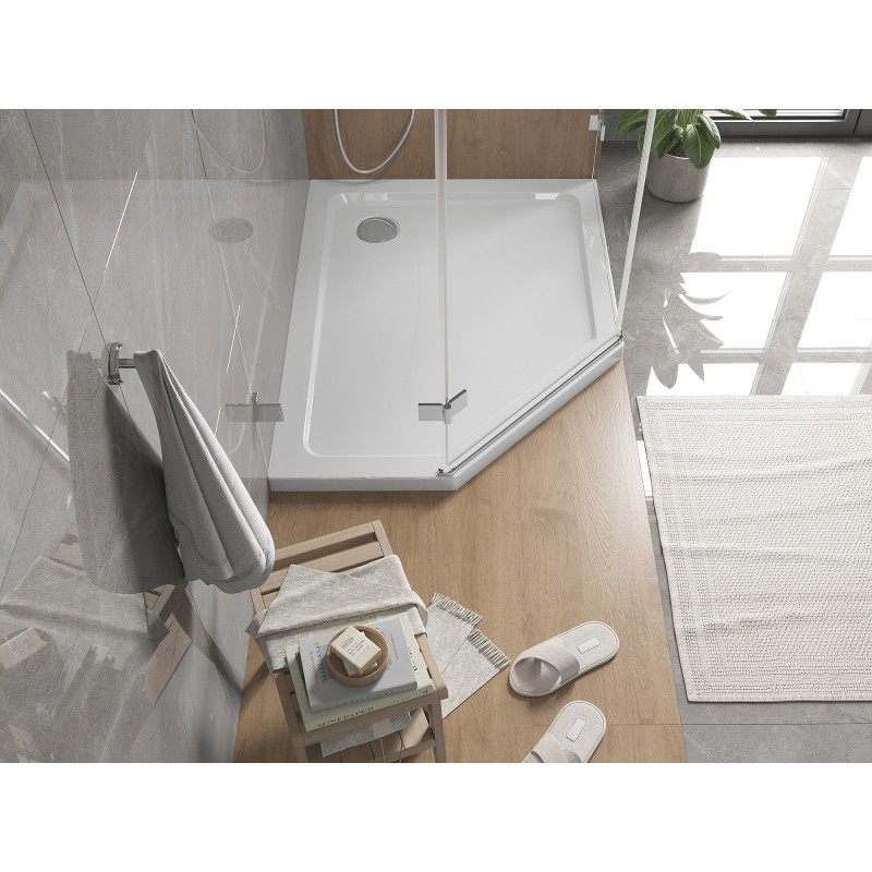 Mexen Flat pentagonal slim right shower tray 90 x 80 cm, white, chrome siphon - 41P108090R