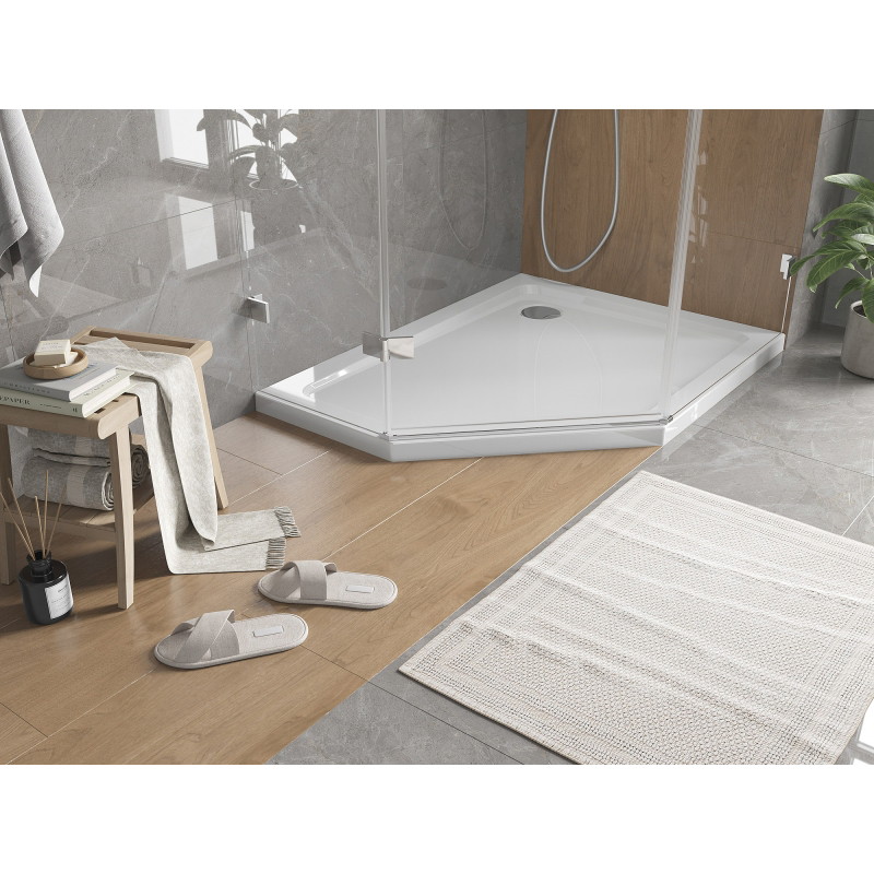 Mexen Flat slim pentagonal shower tray right 100 x 90 cm, white, chrome drain - 41P109010R