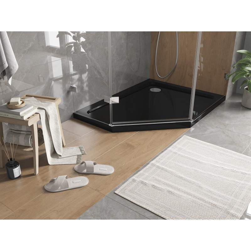 Mexen Flat pentagonal slim shower tray right 100 x 80 cm, black, chrome siphon - 41P708010R
