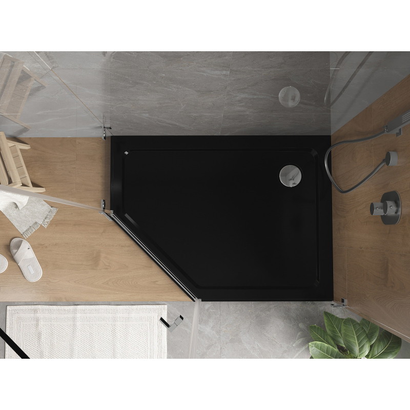 Mexen Flat pentagonal slim shower tray right 100 x 80 cm, black, chrome siphon - 41P708010R