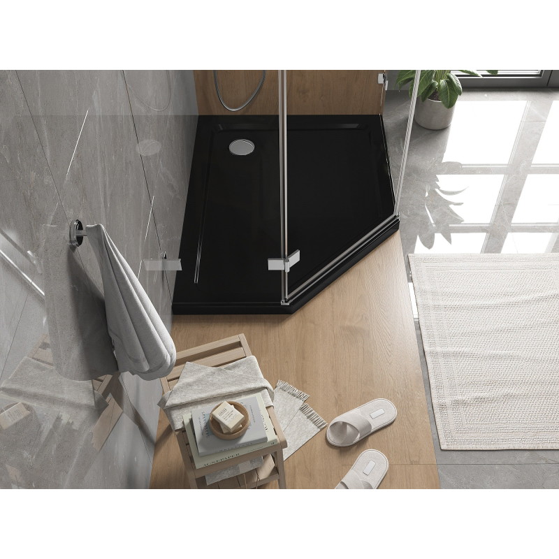 Mexen Flat pentagonal slim shower tray right 100 x 80 cm, black, chrome siphon - 41P708010R