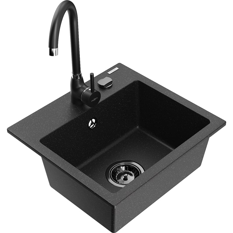 Mexen Milo 1-bowl granite kitchen sink with Telma kitchen faucet, black/silver - 6505-73-670200-70-B