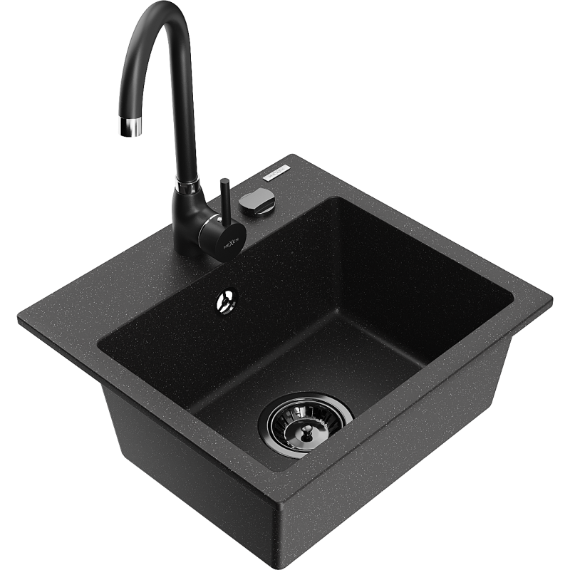 Mexen Milo 1-compartment granite sink with a kitchen mixer tap Telma, Black/Silver - 6505-73-670200-70-B