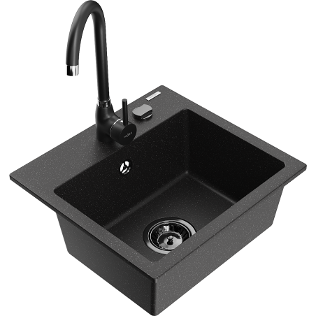 Mexen Milo 1-bowl granite kitchen sink with Telma kitchen faucet, black/silver - 6505-73-670200-70-B