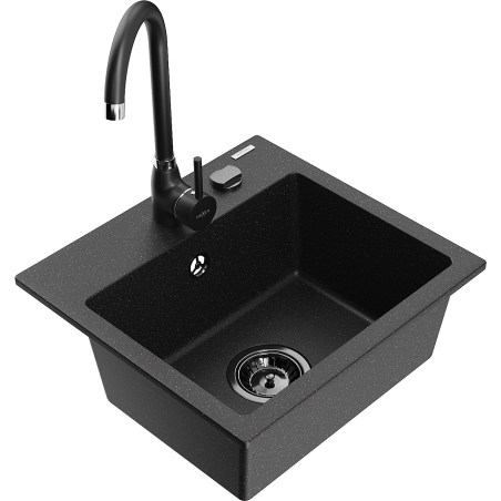 Mexen Milo 1-bowl granite sink with Telma kitchen tap, black/silver - 6505-73-670200-70-B