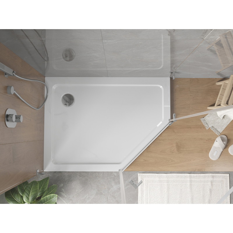 Mexen Flat pentagonal slim left shower tray 100 x 90 cm, white, chrome siphon - 41P109010L
