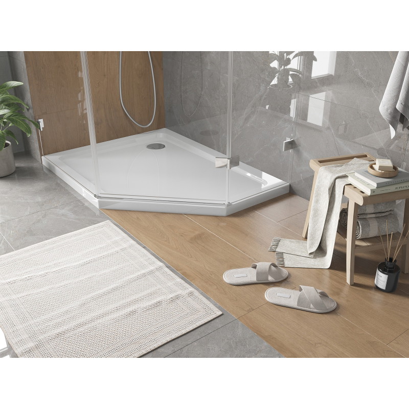 Mexen Flat pentagonal slim left shower tray 100 x 90 cm, white, chrome siphon - 41P109010L
