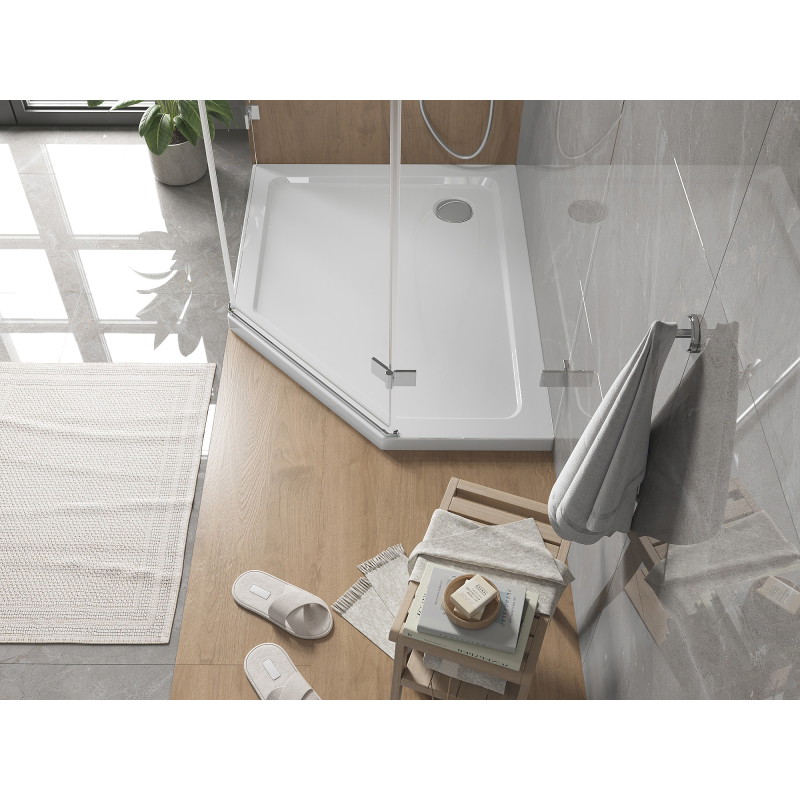 Mexen Flat pentagonal slim left shower tray 100 x 90 cm, white, chrome siphon - 41P109010L