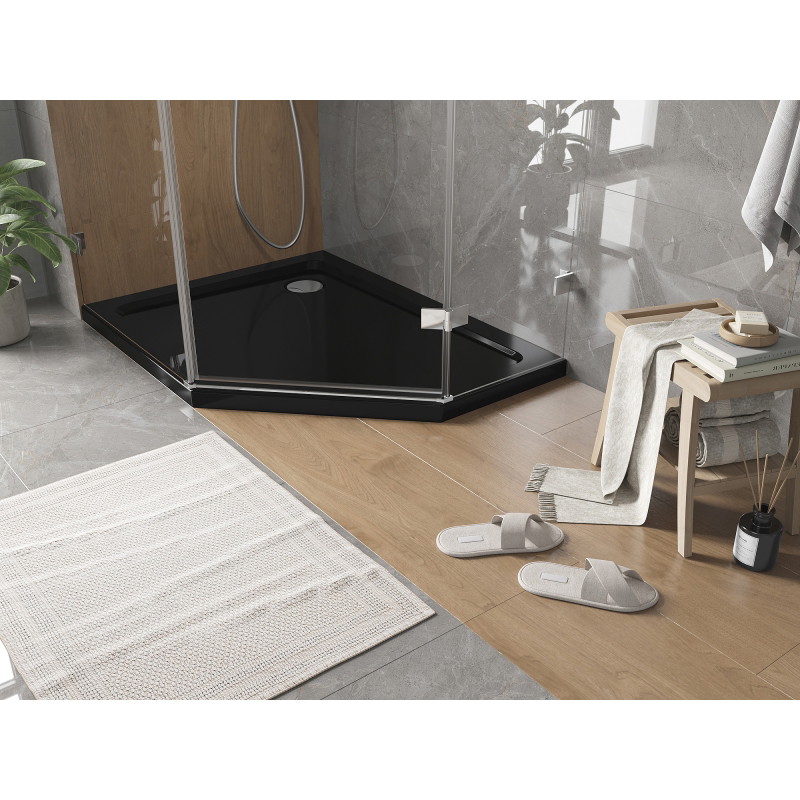 Mexen Flat pentagonal slim left shower tray 100 x 80 cm, black, chrome siphon - 41P708010L