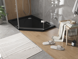 Mexen Flat pentagonal slim left shower tray 100 x 80 cm, black, chrome siphon - 41P708010L