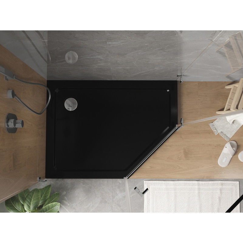 Mexen Flat pentagonal slim left shower tray 100 x 80 cm, black, chrome siphon - 41P708010L