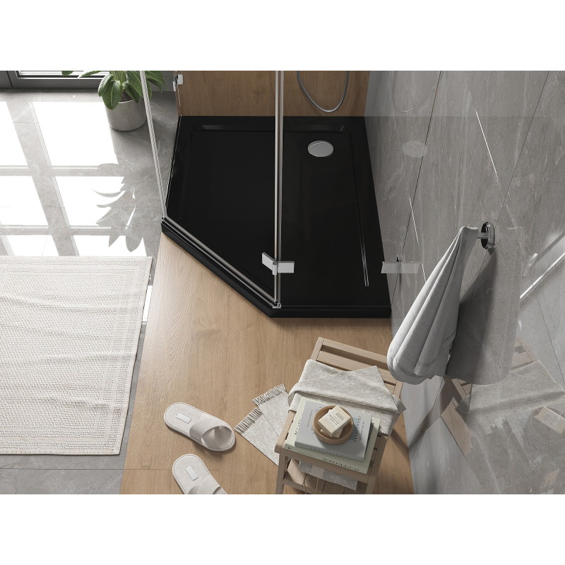 Mexen Flat pentagonal slim left shower tray 100 x 80 cm, black, chrome siphon - 41P708010L