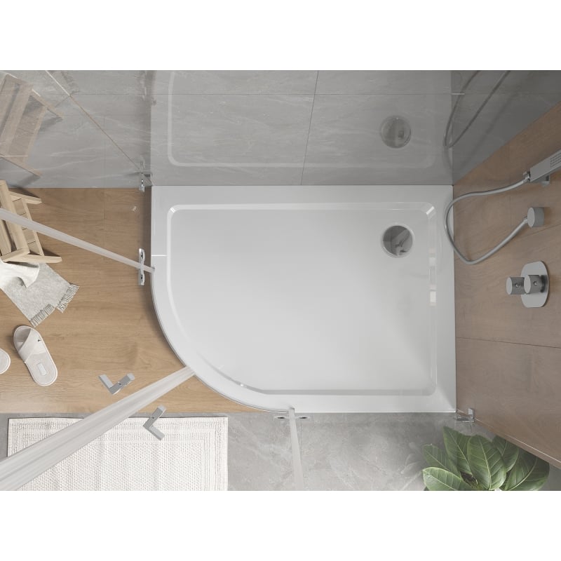 Mexen Flat semi-circular slim right shower tray 120 x 90 cm, white, chrome siphon - 41109012P