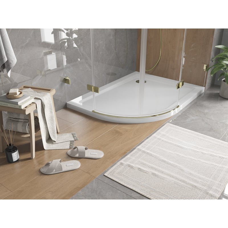 Mexen Flat semi-circular slim shower tray right 120 x 80 cm, white, gold siphon - 41108012P-G