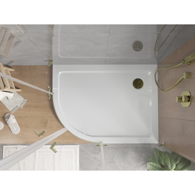 Mexen Flat semi-circular slim shower tray right 120 x 80 cm, white, gold siphon - 41108012P-G
