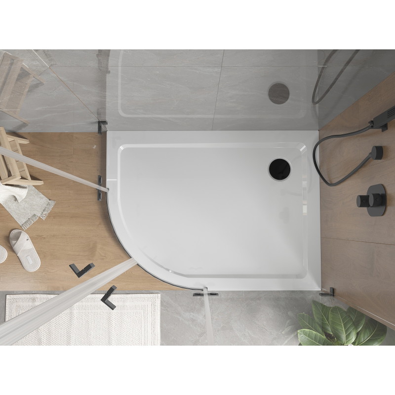 Mexen Flat semi-circular slim right shower tray 120 x 80 cm, white, black siphon - 41108012P-B