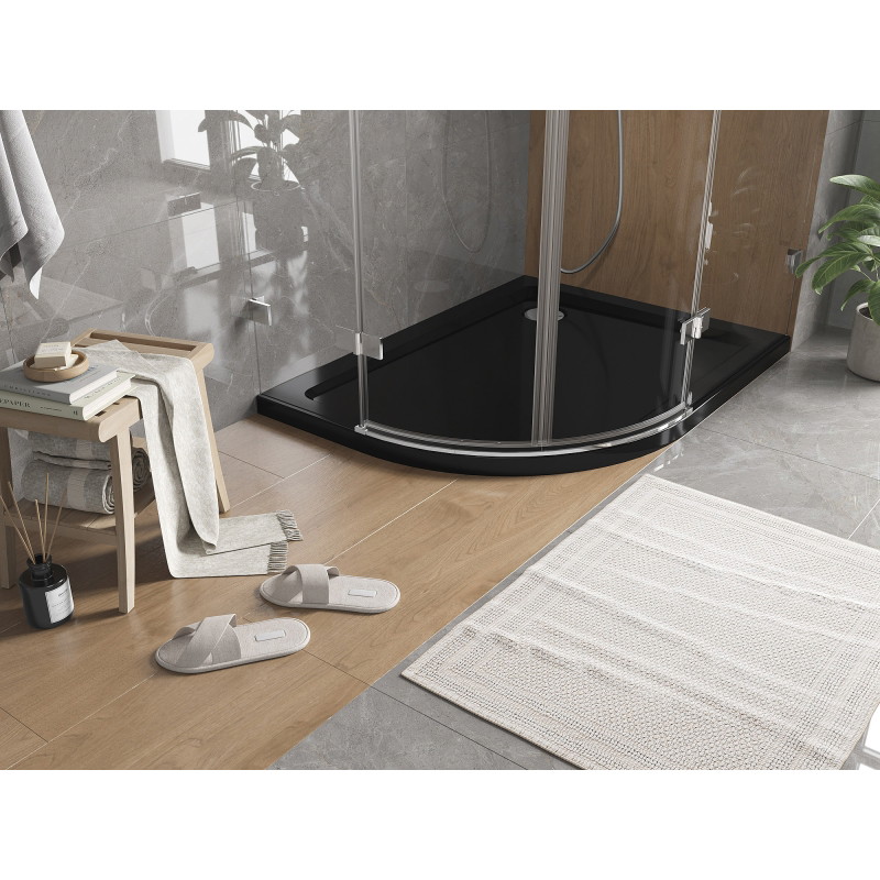 Mexen Flat semi-circular slim right shower tray 90 x 80 cm, black, chrome siphon - 41708090P