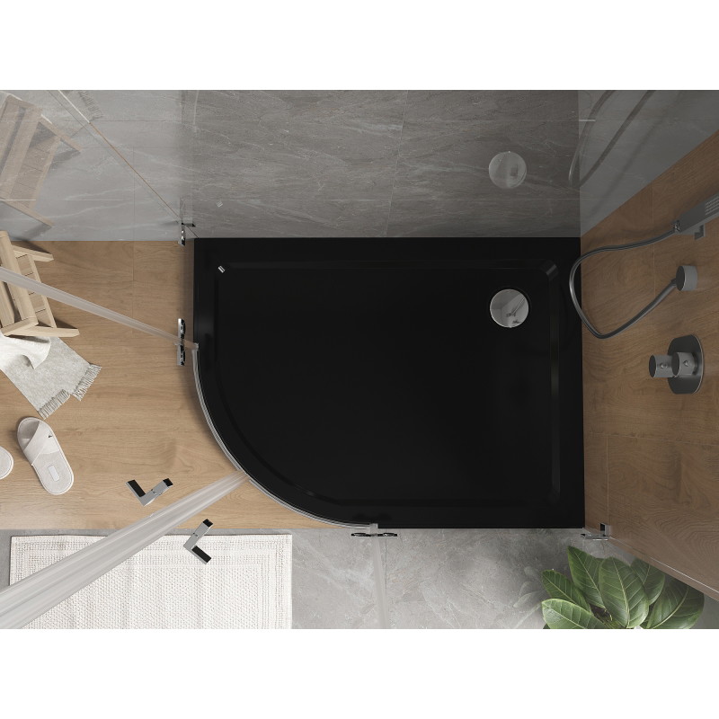 Mexen Flat semi-circular slim right shower tray 90 x 80 cm, black, chrome siphon - 41708090P