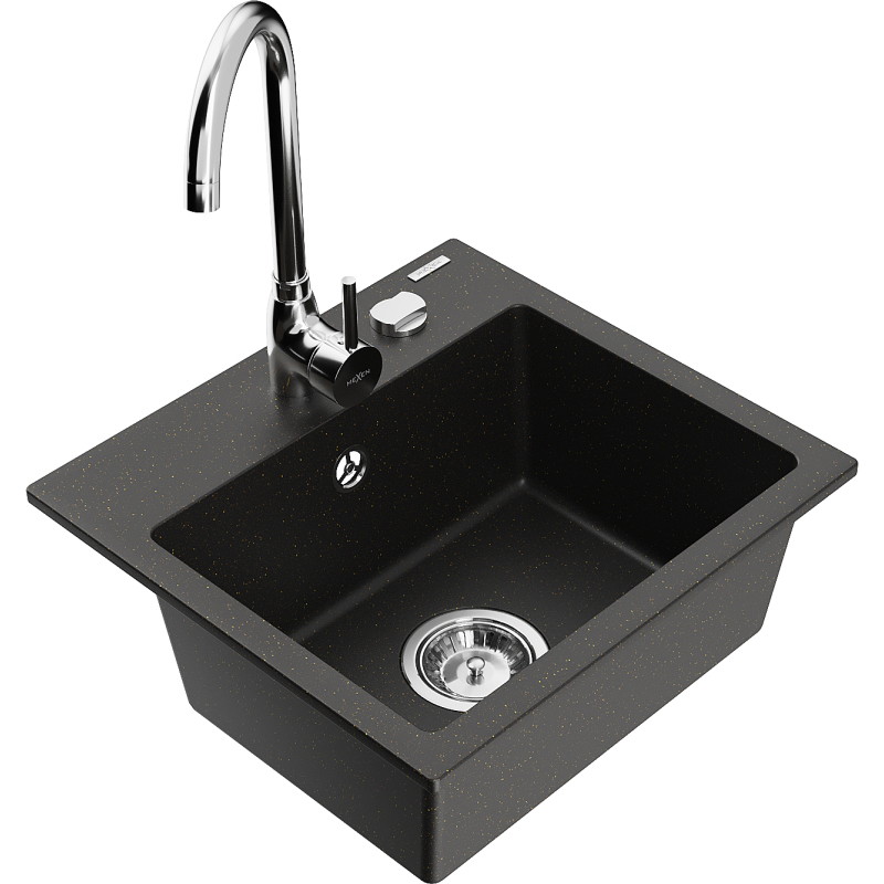 Mexen Milo 1-bowl granite sink with Telma kitchen faucet, black/gold - 6505-75-670200-00