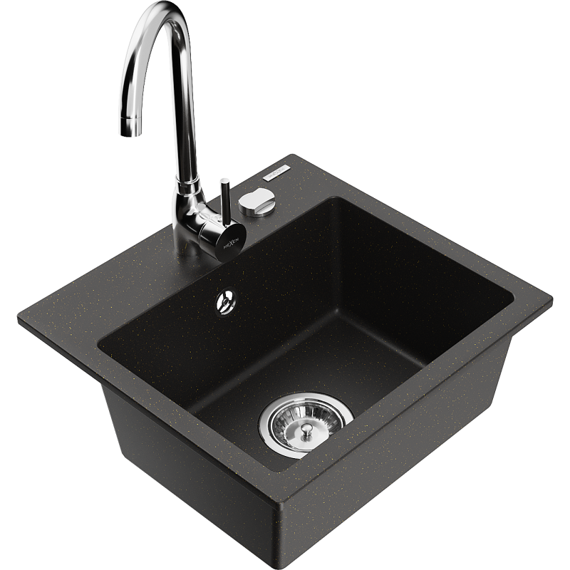 Mexen Milo 1-compartment granite sink with a kitchen mixer tap Telma, Black/Gold - 6505-75-670200-00