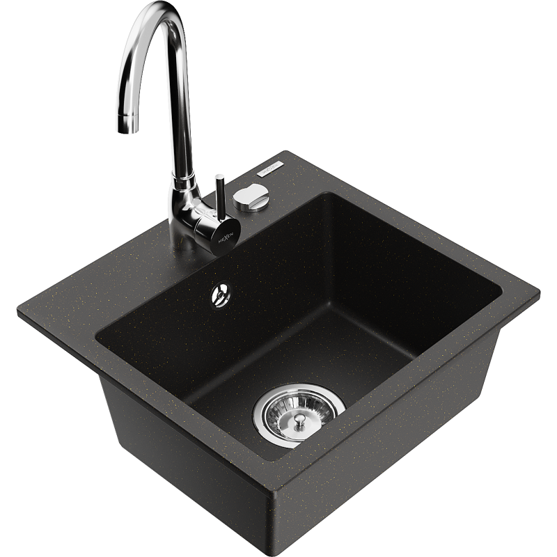 Mexen Milo granite kitchen sink 1-bowl with Telma kitchen mixer tap, black/gold - 6505-75-670200-00