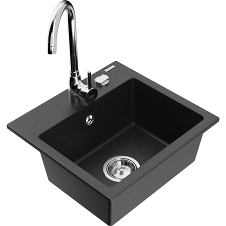 Mexen Milo 1-bowl granite sink with Telma kitchen faucet, black/gold - 6505-75-670200-00