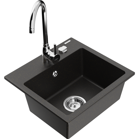Mexen Milo granite kitchen sink 1-bowl with Telma kitchen mixer tap, black/gold - 6505-75-670200-00