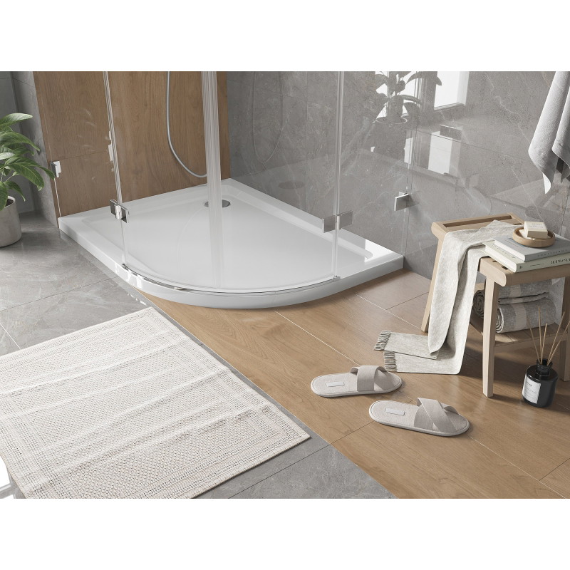 Mexen Flat slim left semi-circular shower tray 90 x 80 cm, white, chrome siphon - 41108090L
