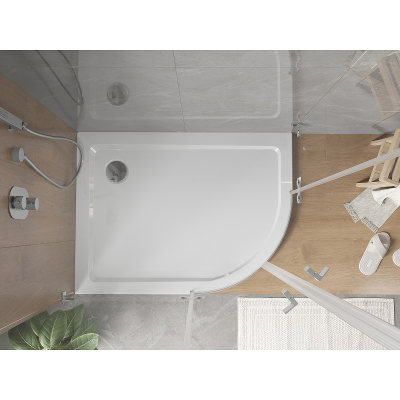 Mexen Flat slim left semi-circular shower tray 100 x 80 cm, white, chrome siphon - 41108010L