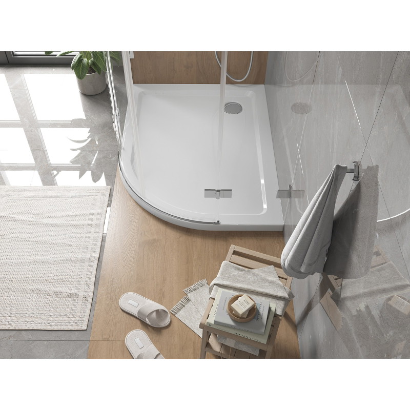 Mexen Flat slim left semi-circular shower tray 100 x 80 cm, white, chrome siphon - 41108010L
