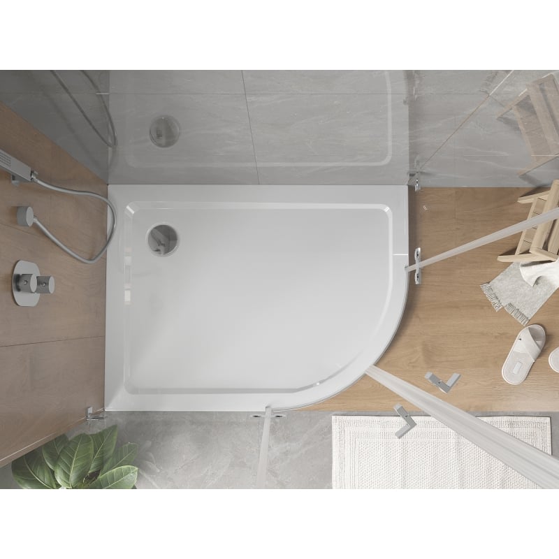 Mexen Flat semi-circular slim shower tray left 120 x 90 cm, white, chrome siphon - 41109012L