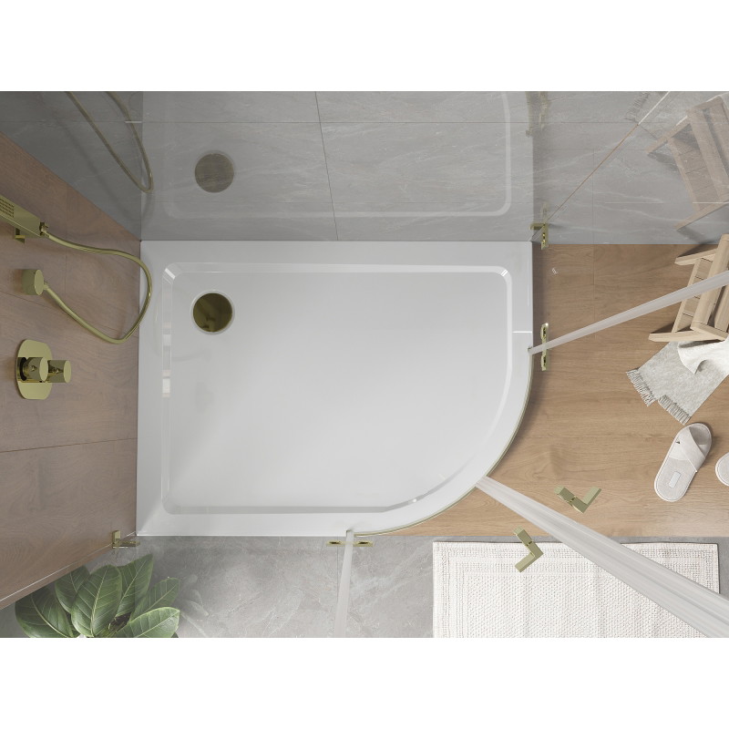 Mexen Flat slim left semicircular shower tray 90 x 80 cm, white, gold siphon - 41108090L-G