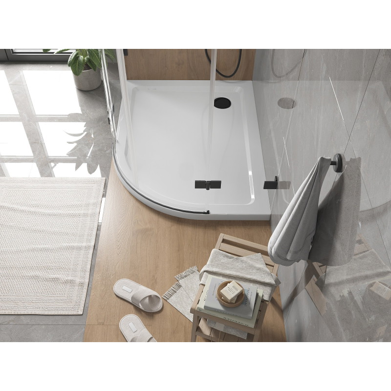 Mexen Flat semi-circular slim left shower tray 90 x 80 cm, white, black siphon - 41108090L-B