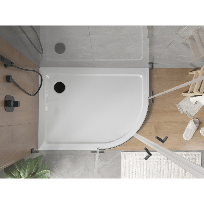 Mexen Flat semi-circular slim left shower tray 120 x 80 cm, white, black siphon - 41108012L-B