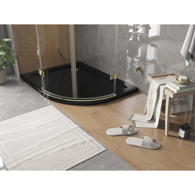 Mexen Flat half-round slim shower tray left 90 x 80 cm, black, gold siphon - 41708090L-G
