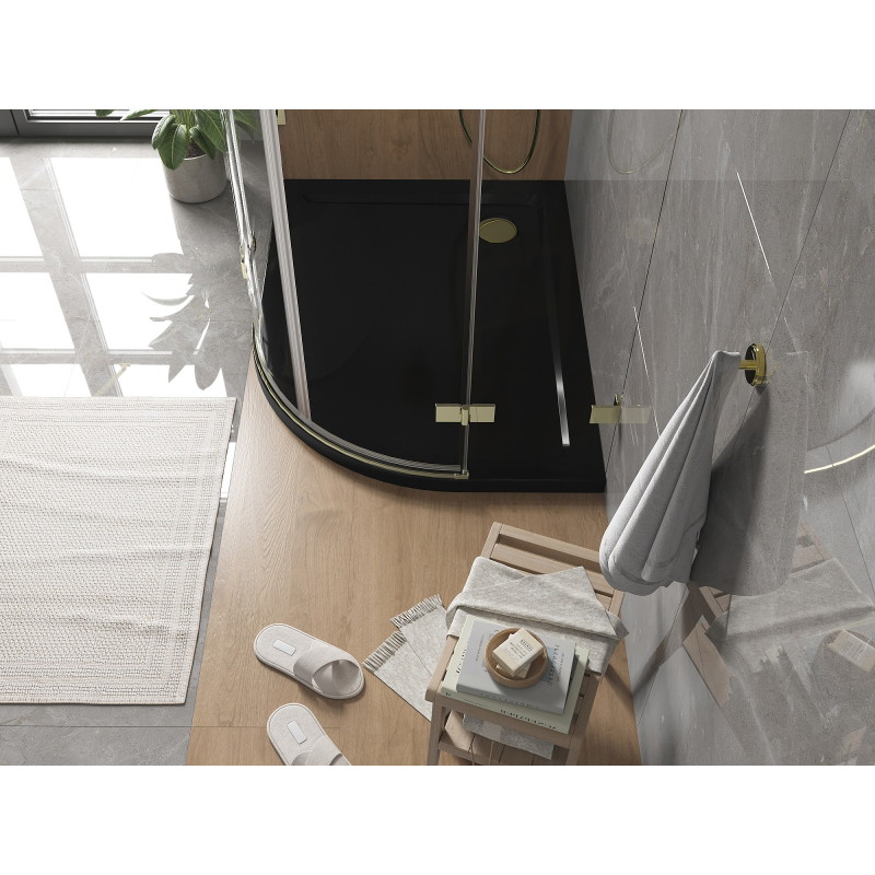 Mexen Flat half-round slim shower tray left 90 x 80 cm, black, gold siphon - 41708090L-G