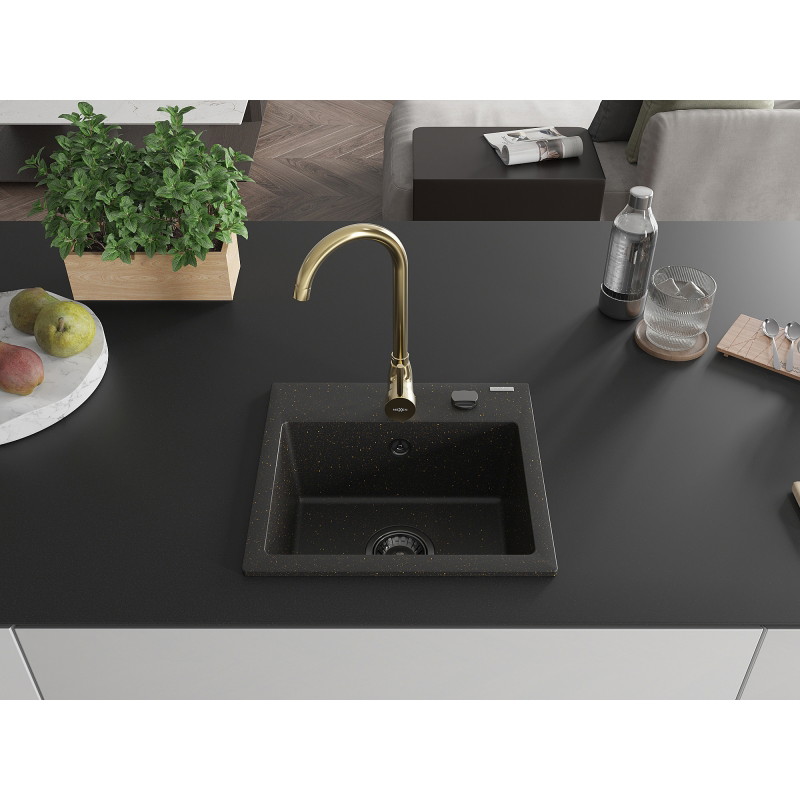 Mexen Milo 1-bowl granite sink with Telma kitchen faucet, black/gold - 6505-75-670200-50-B